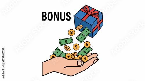 Cartoon Hand Holds Money and Coins from an Open Gift Box, Depicting a Rewarding Bonus Moment