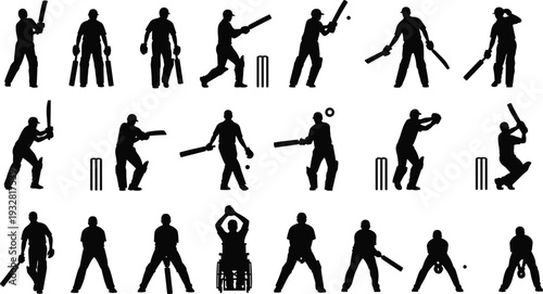 Professional Cricket Players Silhouette Vector Set Featuring Batsman Bowler Fielder and Wheelchair Athlete Sports Icons for Competition Isolated on White Background