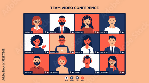 Virtual Business Video Conference Team Meeting with Faces and Attire in a Peach Background