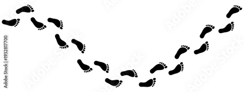 Minimalist trail of human footprints. Silhouettes of bare feet form a winding path of footsteps