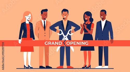 Five Business Attendees Line Up, Central Suit Holder Snips Red Ribbon