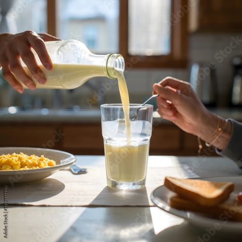 Pouring Milk into a Glass on a Bright Breakfast Table