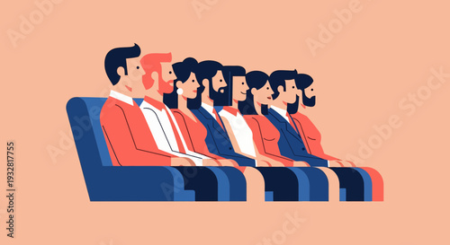 Business people seated in a row of uniform chairs, wearing shirts, jackets, and pants, illustrated against a peach backdrop, front view