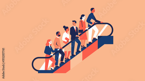 Business Professionals Ascend an Escalator in a Vibrant Orange Setting – Minimalist Illustration with Bold Lines