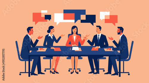 Business discussion at a dark blue table, graphic of four people seated in business dress, engaging in speech and conversation in a meeting