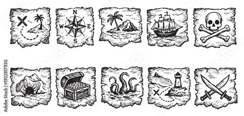 A collection of pirate themed symbols drawn on aged parchment, perfect for illustrations, digital designs and adding a vintage, adventurous feel to projects.