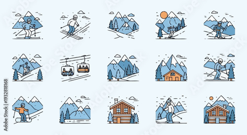 Collection of Mountain Lodge Illustrations and Skier.