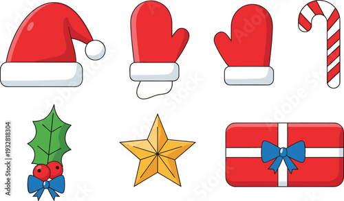 Set of Christmas Holiday Icons with Santa Hat Red Mittens Candy Cane Holly Berries Gold Star and Wrapped Gift Box Illustration