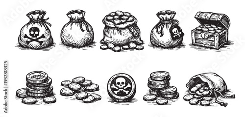 Hand-drawn vector illustration shows treasure chests, overflowing bags, and piles of shiny gold coins, perfect for pirate themes, games, and adventure stories.