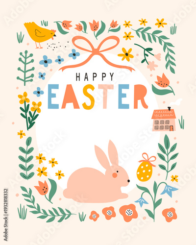 Happy easter card with cute rabbit. Vector illustrations