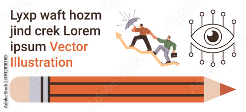 Business strategy, collaboration, goal achievement, teamwork, creativity, growth. Two people climbing stairs with an umbrella and a pencil with an eye symbol. Collaboration and creativity concept