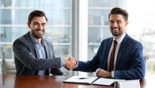 Business Professionals Shaking Hands Over a Desk Agreement