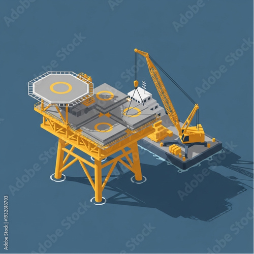 Offshore Oil Rig Platform with Crane and Supply Ship.