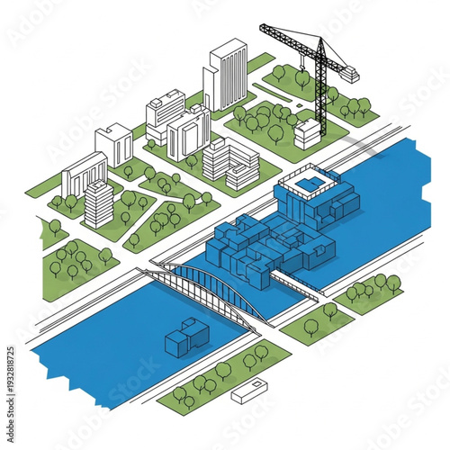 Isometric illustration of a construction site with crane and buildings.