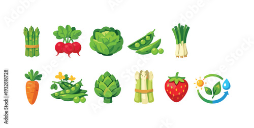 Organic farming flat icon set. Fresh vegetables, eco farming icons collection