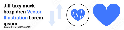 Health care, wellness, medical monitoring, fitness tracking, cardiology, healthy living. Blue heart shape and heartbeat line with arrows. Health care and medical monitoring concept