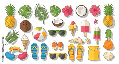 Summer essentials collection - pineapples, coconuts, ice cream, sunglasses, and beach accessories.