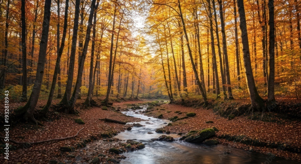 Fototapeta premium Sunlight streams through tall trees over a shallow stream, reflecting autumn colors