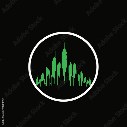 Green cityscape silhouette in circle.