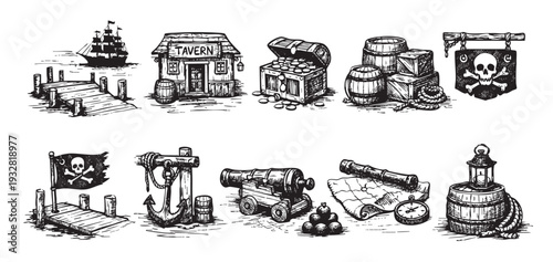 A set of hand-drawn pirate themed illustrations, featuring a ship, tavern, treasure chest, cannon, and more, presented in a monochrome style and isolated on a white background.