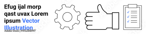 Collaboration, productivity, task management, workflow, efficiency, teamwork. Gear, thumbs up and checklist symbols. Collaboration and productivity concepts with practical workflow elements