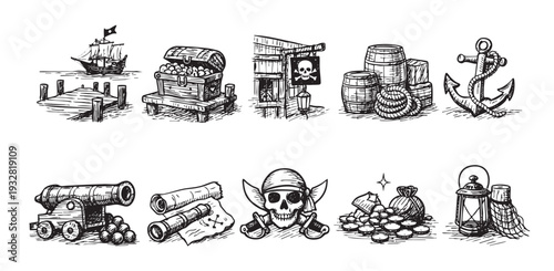 Set of pirate themed vector illustrations on a white background; elements include a ship, dock, treasure chest, pirate tavern, cannon, skull, map, coins, and anchor.