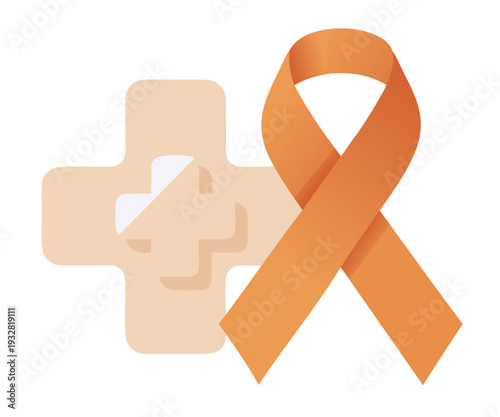 Orange awareness ribbon with medical cross, sticker on transparent background, for awareness campaigns and events