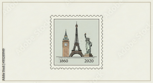 Travel landmarks and monuments of paris and new york city on vintage postage stamp