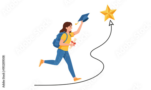 Graduate Student Running Towards Star Goal with Diploma