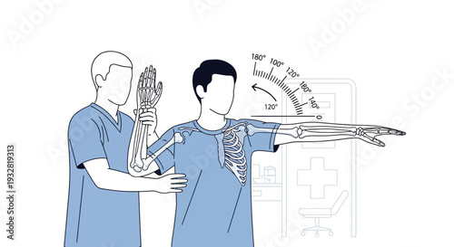 Doctor examines patient's shoulder joint range of motion with angle measurement
