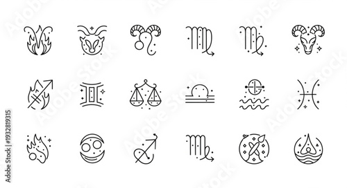 Zodiac signs illustration, black and white line art, astrology symbols, celestial art.