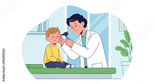 Doctor examining child's ear with otoscope in modern clinic, healthcare illustration