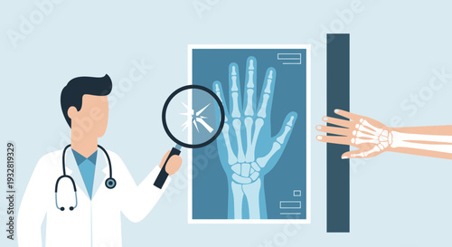 Doctor Examining Hand X-ray with Magnifying Glass, Medical Diagnosis