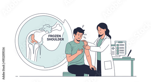 Doctor Examining Patient With Frozen Shoulder Pain, Medical Illustration
