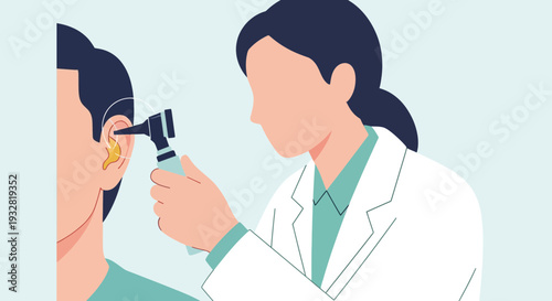 Doctor examining patient's ear with otoscope, audiology exam illustration