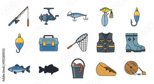 Collection of fishing equipment and accessories for recreational angling.