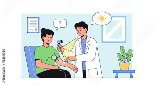 Doctor examining patient's skin with dermatoscope, medical check-up, health consultation