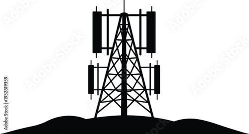 Telecommunication tower silhouette in black, cellular network antenna vector illustration isolated on white background for wireless communication, technology, and infrastructure design use