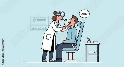 Doctor examining patient's throat with tongue depressor and light, healthcare concept
