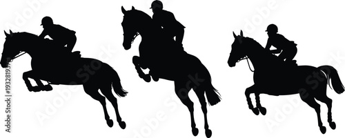 Equestrian horse jumping silhouette set in black, show jumping rider sport vector illustration isolated on white background for competition, logo, and design use