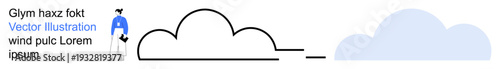 Cloud storage, digital communication, technology integration, minimalism, modern computing, data transfer. A person standing near stylized cloud shapes. Cloud storage and digital communication