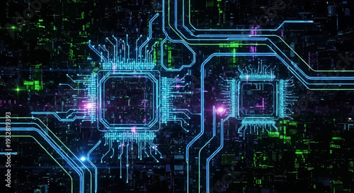 Blue Neon Circuit Board with Microchips.