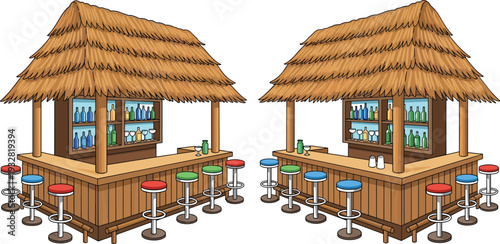 Tropical Beach Tiki Bar Illustration with Thatched Roof, Wooden Counter, Colorful Stools, and Liquor Bottles, Vector Cartoon Style Outdoor Pub