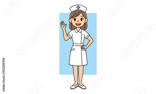 Smiling Female Nurse Waving in White Uniform Cartoon Illustration