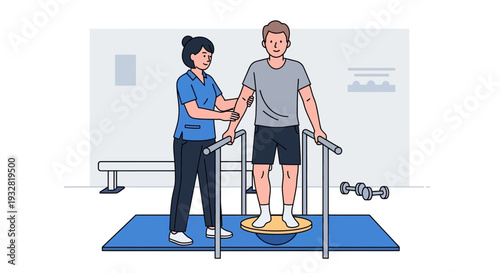 Physical Therapist Assists Patient with Balance Training on Wobble Board