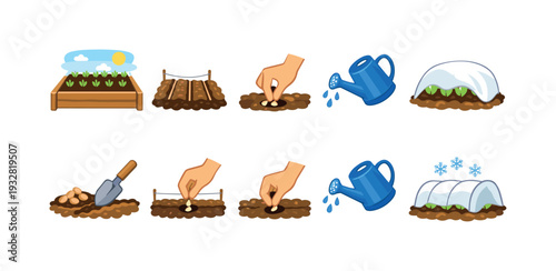 Gardening flat icon set: planting, watering, care, growing process illustrated collection