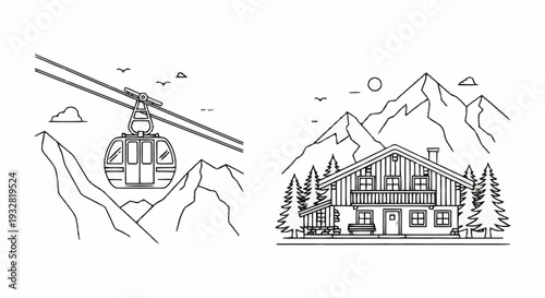 Cable Car and Mountain Chalet Illustration.