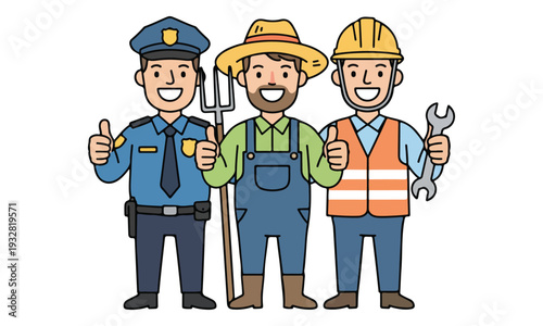 Police Officer, Farmer, and Construction Worker Smiling with Thumbs Up