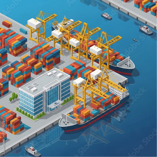 Busy Container Shipping Port with Cargo Ships and Cranes.