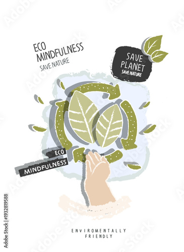 Vector hand drawn cartoon sign sketch of green leaves with supporting hand as a sign of organic product .Environmentally friendly planet concept. Organic Food Label. Nature Symbol.